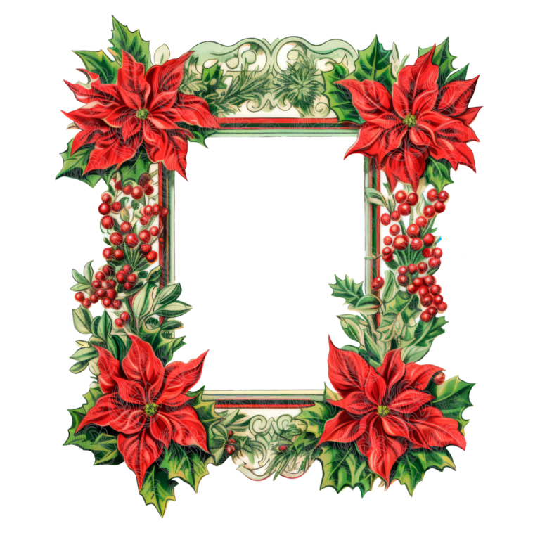 Christmas poinsettia frame with red blooms, holly berries, and scrollwork border, Grey Barn Handwerk, Saskatchewan.